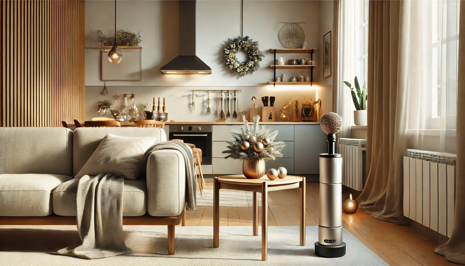  A realistic home interior with color adjustments, showcasing a cozy, modern living space with stylish furniture and vibrant decor.