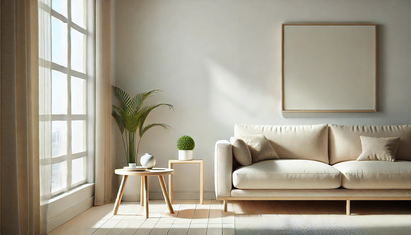  A bright minimalist living room with natural lighting, featuring a sleek modern aesthetic, a small light wood side table, and stylish decor.