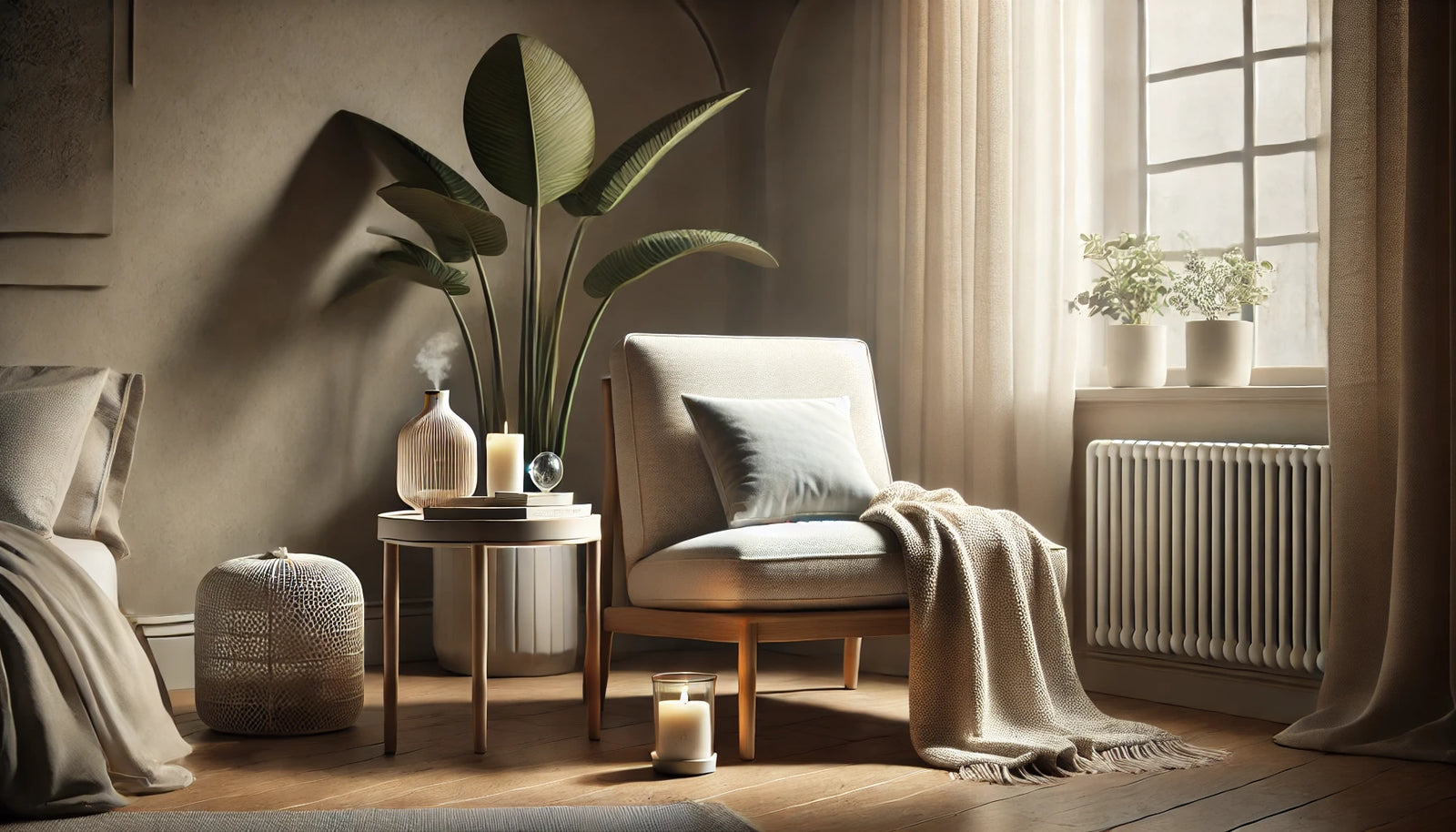  A serene and minimalist relaxation corner with neutral tones and natural lighting, featuring a cozy armchair with a soft blanket draped over it.