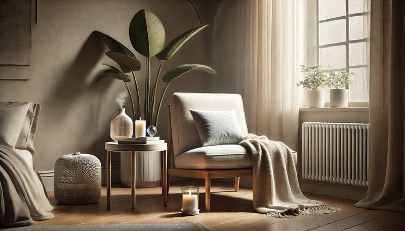  A serene and minimalist relaxation corner with neutral tones and natural lighting, featuring a cozy armchair with a soft blanket draped over it.