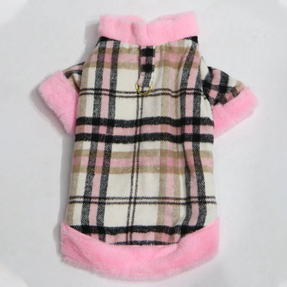 Winter Pet Jacket with Fur Collar – Warm Plaid Coat for Small Dogs