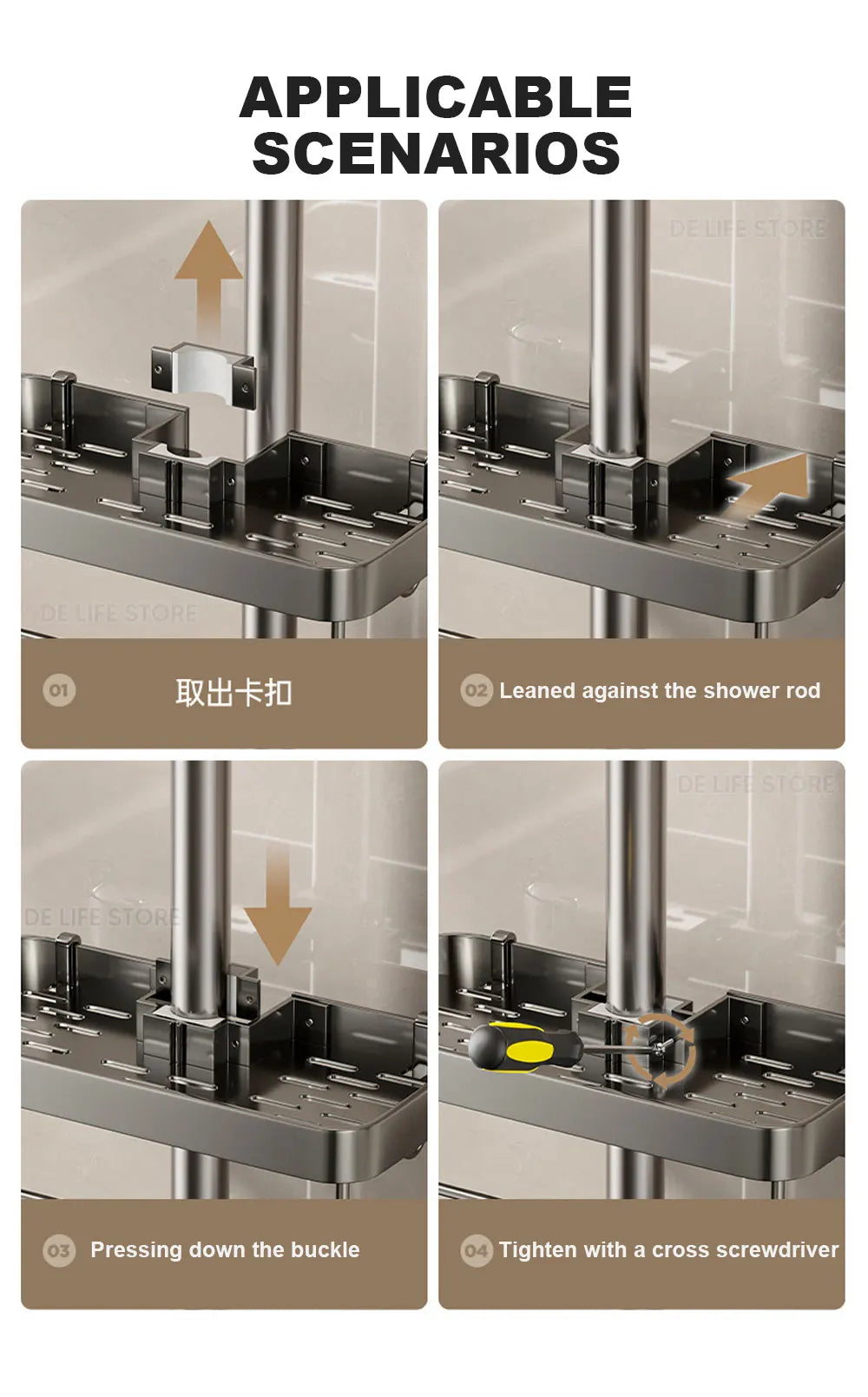 Space Aluminum Bathroom Shower Shelf – Wall-Mounted, No Drilling