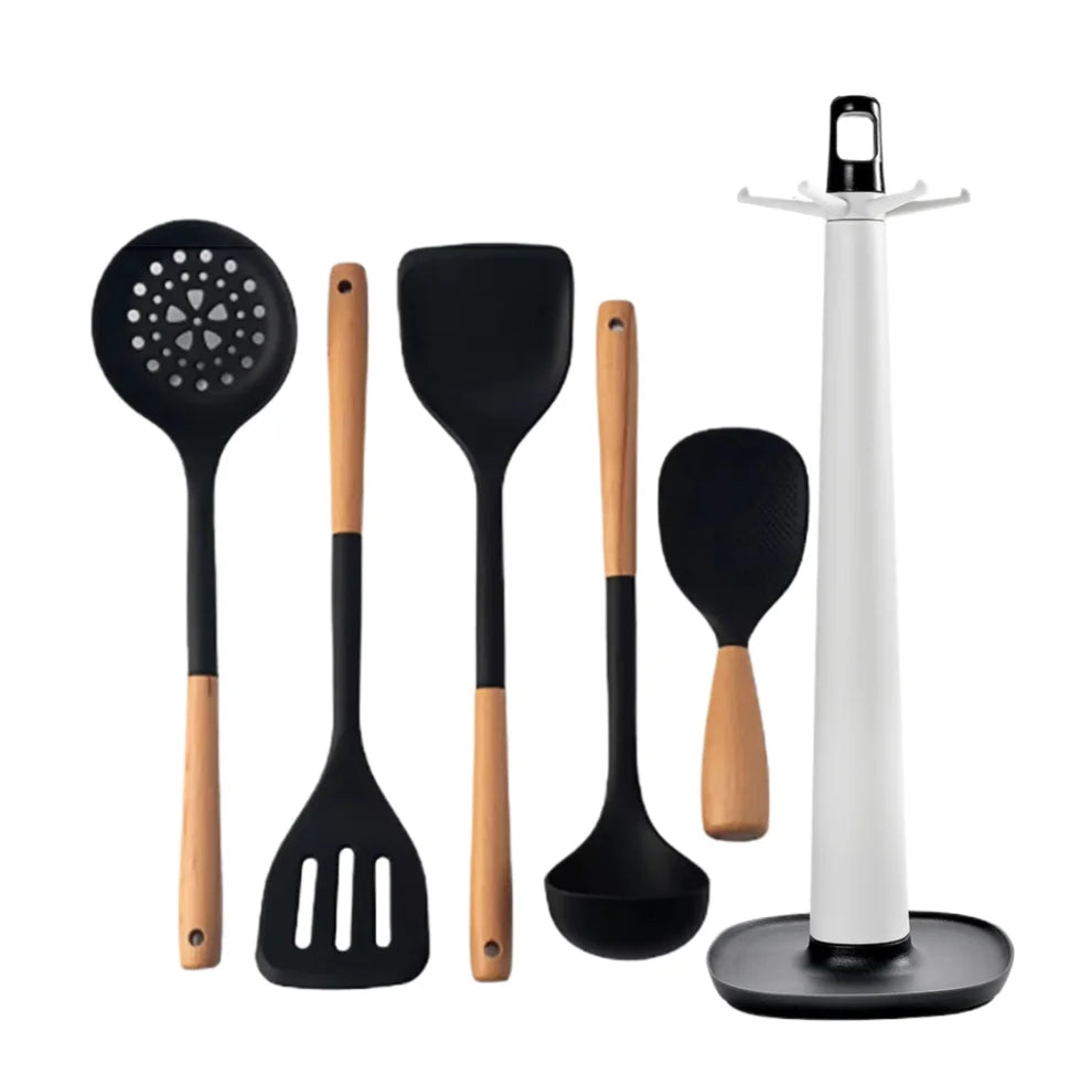 Silicone Kitchen Utensils Set – Non-Stick, Heat Resistant with Wooden Handles