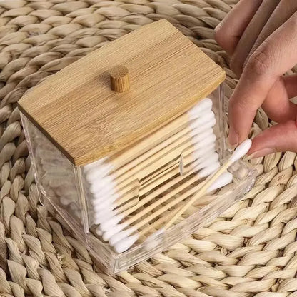 Cotton Swab Box – Transparent Bamboo Lid Storage