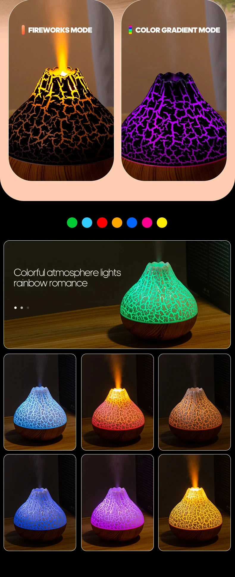 300ml Volcano USB Air Humidifier – Water Mist Diffuser with 7 Color Night Light