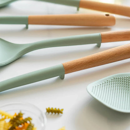 Silicone Kitchen Utensils Set – Non-Stick, Heat Resistant with Wooden Handles