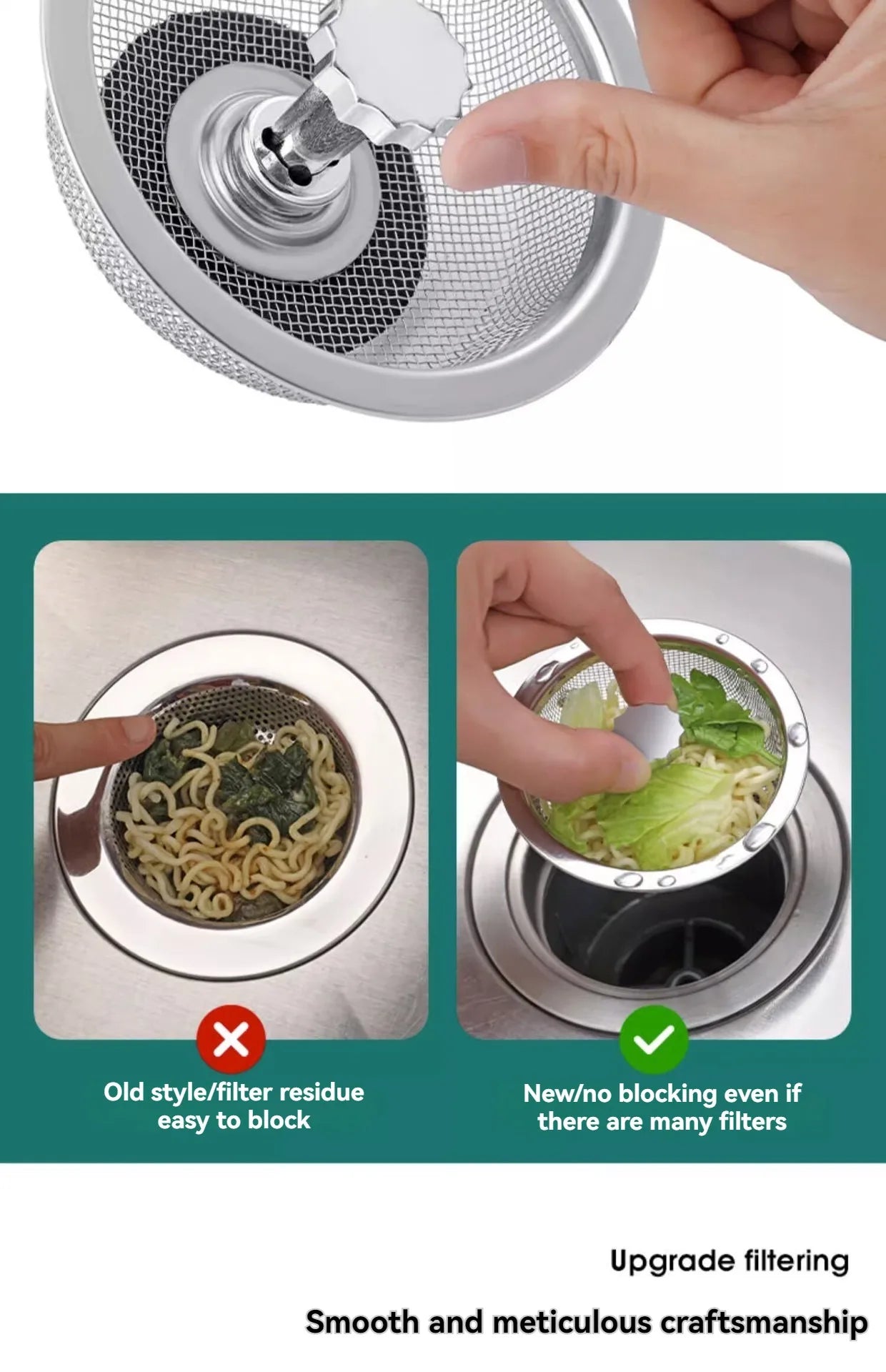 Kitchen Sink Strainer with Handle & Stopper – Stainless Steel Waste Filter