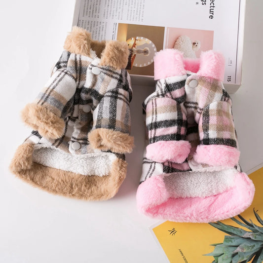 Winter Pet Jacket with Fur Collar – Warm Plaid Coat for Small Dogs