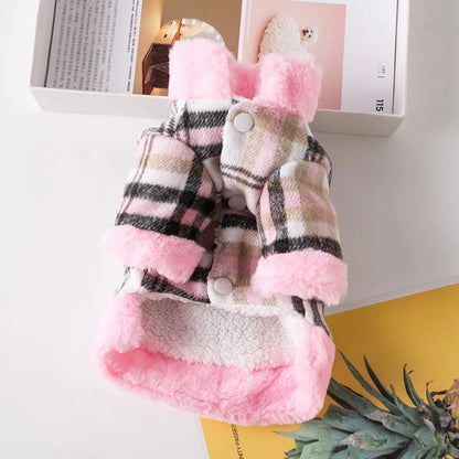 Winter Pet Jacket with Fur Collar – Warm Plaid Coat for Small Dogs