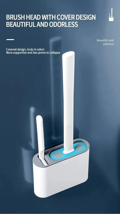 Wall Hanging Toilet Brush Holder – Long Handled Silicone Bristles for Easy Cleaning