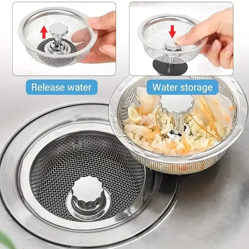 Kitchen Sink Strainer with Handle & Stopper – Stainless Steel Waste Filter