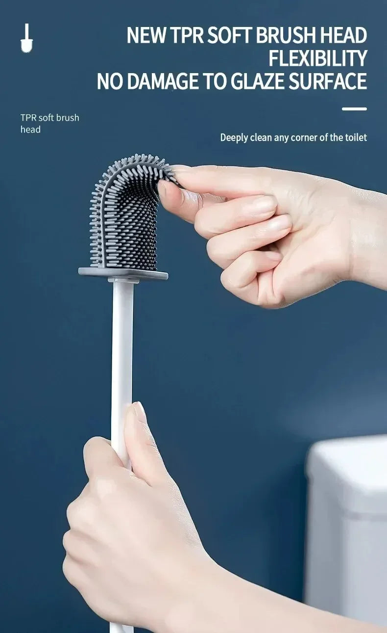 Wall Hanging Toilet Brush Holder – Long Handled Silicone Bristles for Easy Cleaning