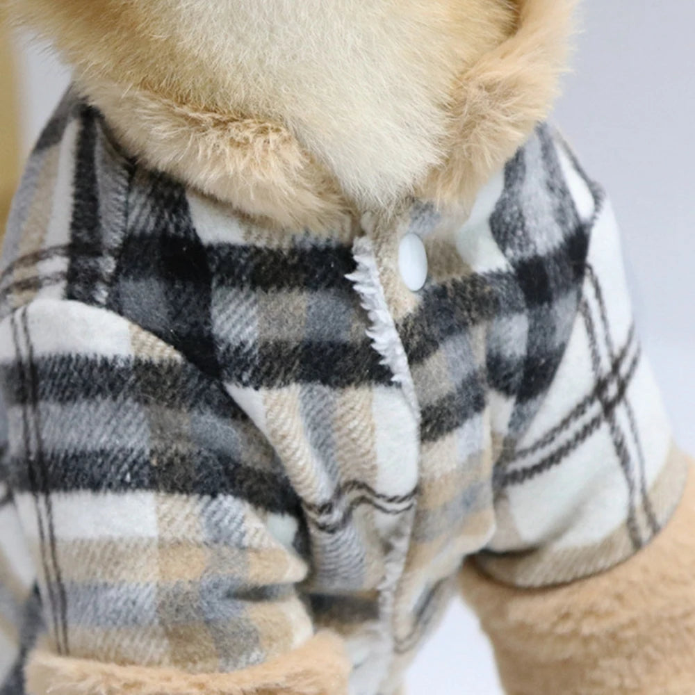 Winter Pet Jacket with Fur Collar – Warm Plaid Coat for Small Dogs