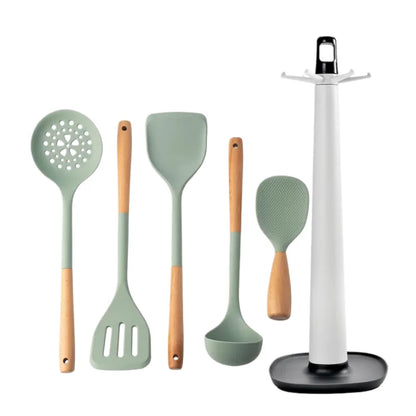 Silicone Kitchen Utensils Set – Non-Stick, Heat Resistant with Wooden Handles