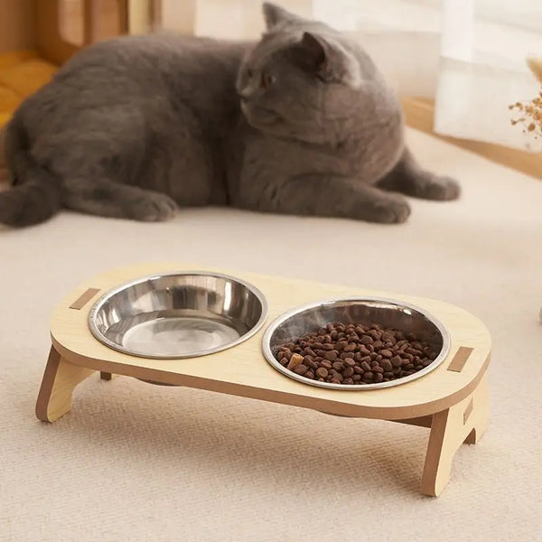 Double Plate Cat Bowl – Neck Protection Pet Feeding Bowl with Anti-Knock Frame