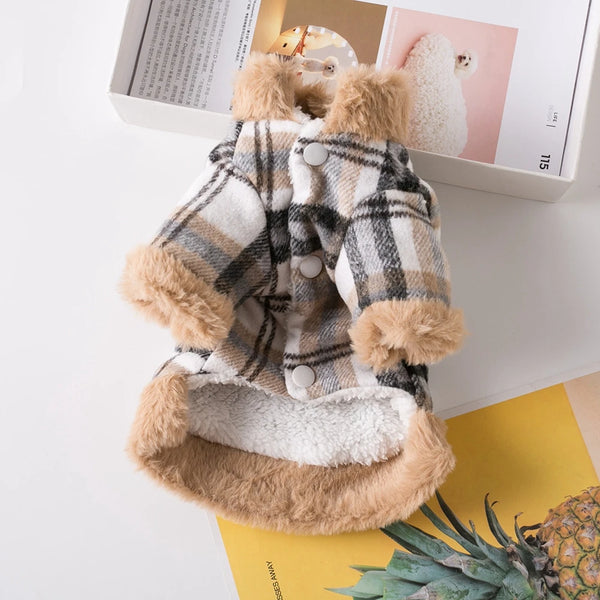 Winter Pet Jacket with Fur Collar – Warm Plaid Coat for Small Dogs