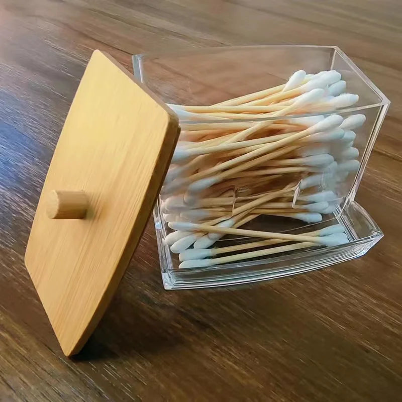 Cotton Swab Box – Transparent Bamboo Lid Storage