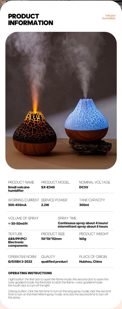 300ml Volcano USB Air Humidifier – Water Mist Diffuser with 7 Color Night Light