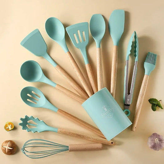 12-Piece Wooden Handle Silicone Kitchen Utensils Set – Non-Stick & Heat Resistant