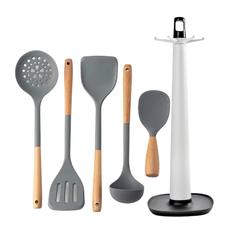 Silicone Kitchen Utensils Set – Non-Stick, Heat Resistant with Wooden Handles