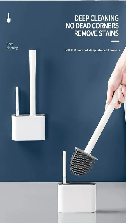 Wall Hanging Toilet Brush Holder – Long Handled Silicone Bristles for Easy Cleaning