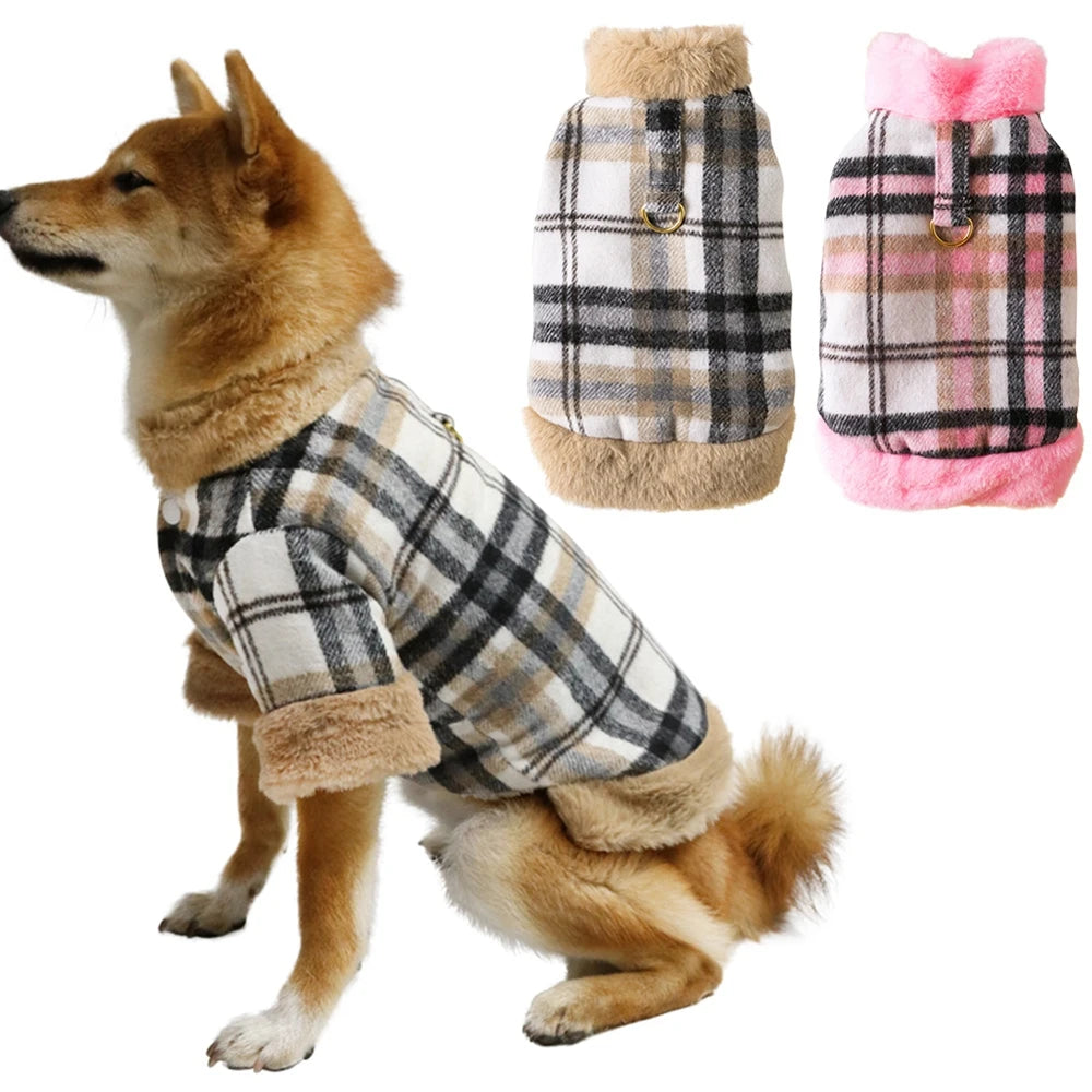 Winter Pet Jacket with Fur Collar – Warm Plaid Coat for Small Dogs