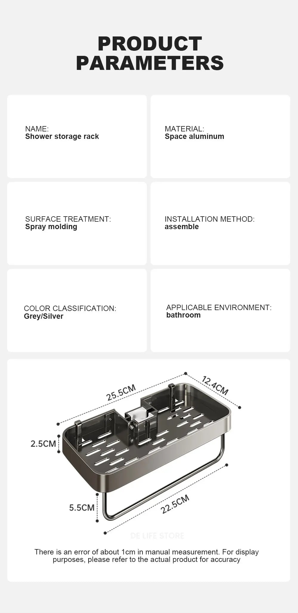 Space Aluminum Bathroom Shower Shelf – Wall-Mounted, No Drilling