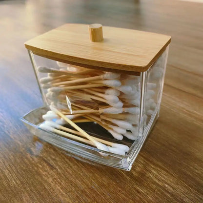 Cotton Swab Box – Transparent Bamboo Lid Storage