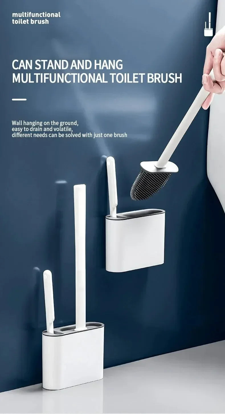 Wall Hanging Toilet Brush Holder – Long Handled Silicone Bristles for Easy Cleaning