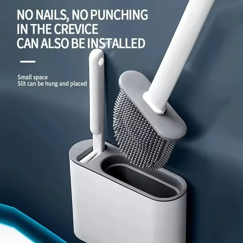 Wall Hanging Toilet Brush Holder – Long Handled Silicone Bristles for Easy Cleaning